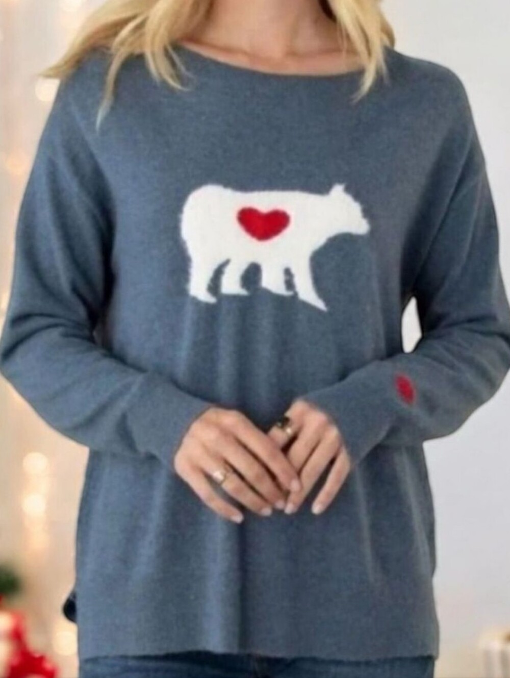 Sundance Wool Cashmere Blend Bear Heart Crewneck Sweater Gray Blue Medium